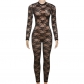 Perspective round neck long sleeved lace tight fitting jumpsuit K23Q40957