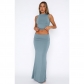 Solid color round neck sleeveless top with a flip waist skirt set GL6712
