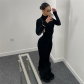 Sexy high necked tight fitting long sleeved velvet high waisted solid color jumpsuit K23Q35900