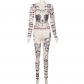 Mesh perspective printed tight fitting long sleeved top, high waisted long pants set K23S36278