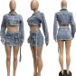 Washed denim lace up 3D 3D pocket skirt set NY8155