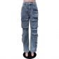Elastic workwear pants, casual straight leg denim pants F88544
