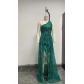 Women's diagonal shoulder slit long dress, toasting dress, sequin suspender evening dress sc9116