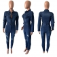 Slim fit, elastic, tight fitting, perforated, washed long sleeved denim jumpsuit JLX3569