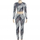 Round necked long sleeved slim fit top, high waisted printed pants, women's suit A412ST