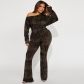 Women's long sleeved printed off shoulder tight fitting set M8051
