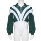 Color blocking zipper long sleeved short jacket+high waisted straight leg pants two-piece set KJ09579