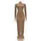 Women's solid color mesh hot diamond long sleeved dress C6890