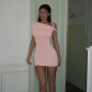 Diagonal shoulder short sleeved solid color buttocks wrapped dress short skirt K24D43854